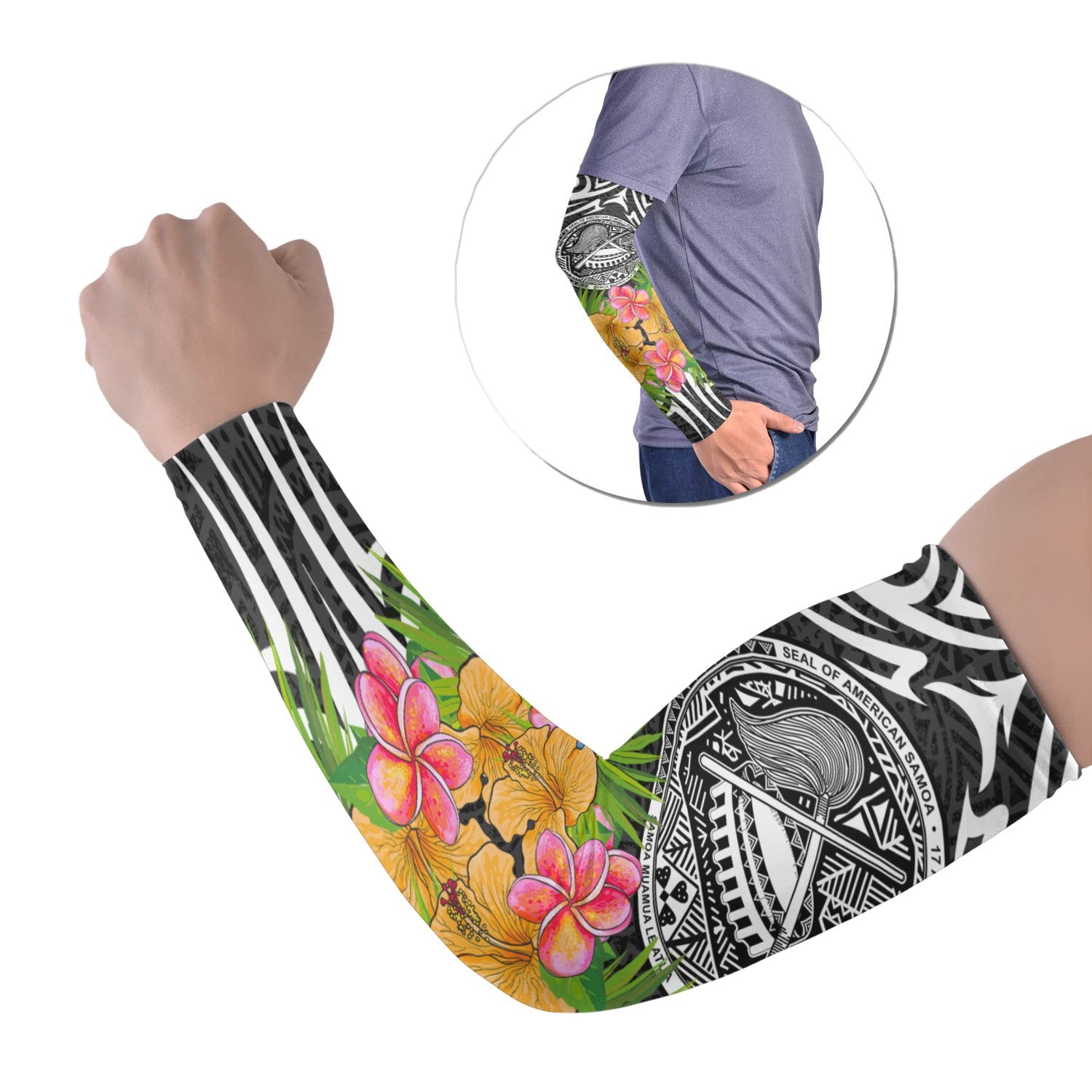 American Samoa Arm Sleeve (Set of 2) - Tribal Patterns With Flowers Set of 2 Black - Polynesian Pride