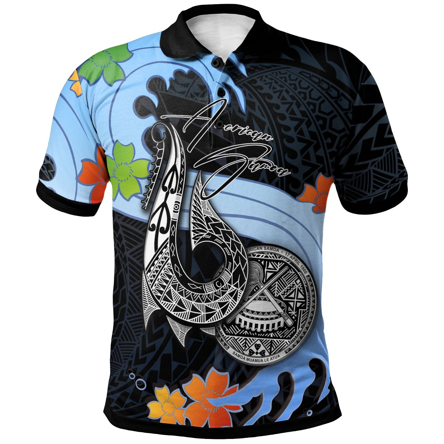 American Samoa Polo Shirt Fish Hooks and Wave Unisex Black - Polynesian Pride