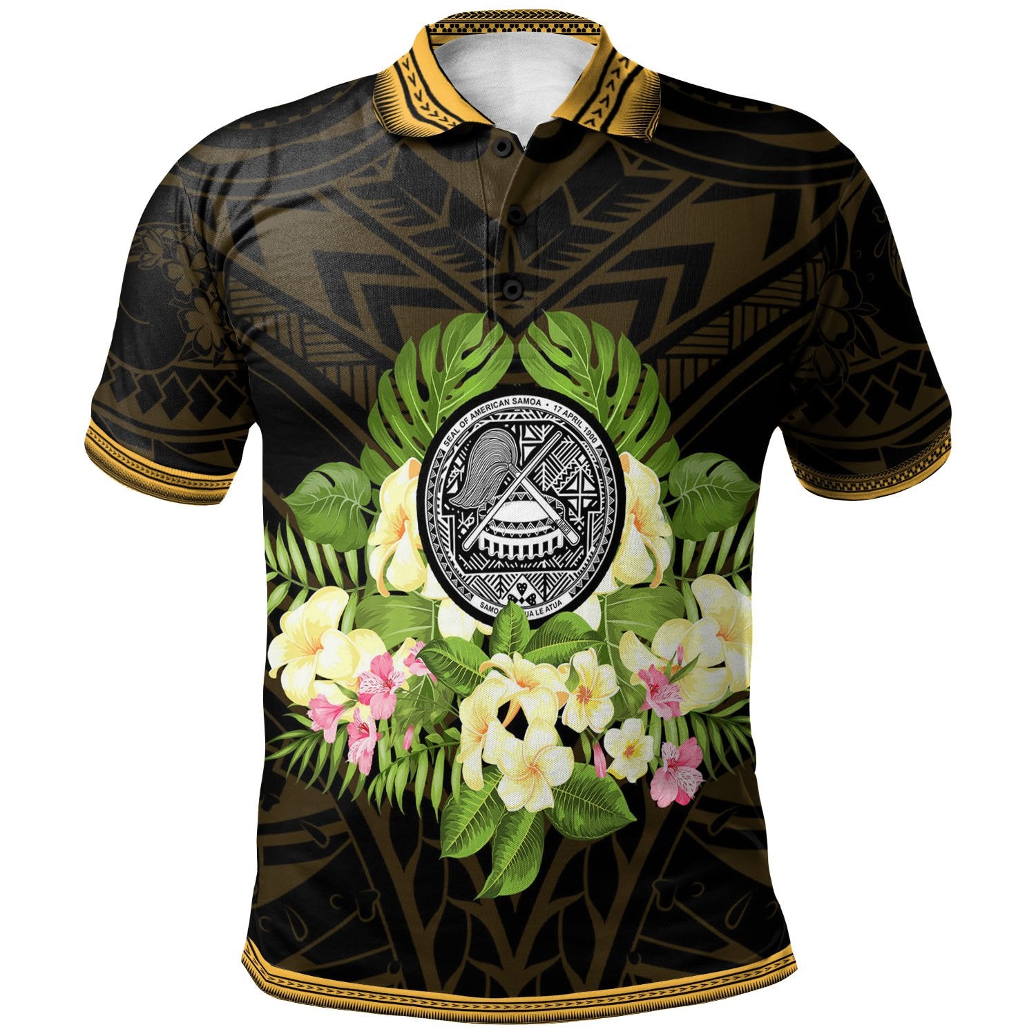 American Samoa Polo Shirt Polynesian Gold Patterns Collection Unisex Black - Polynesian Pride