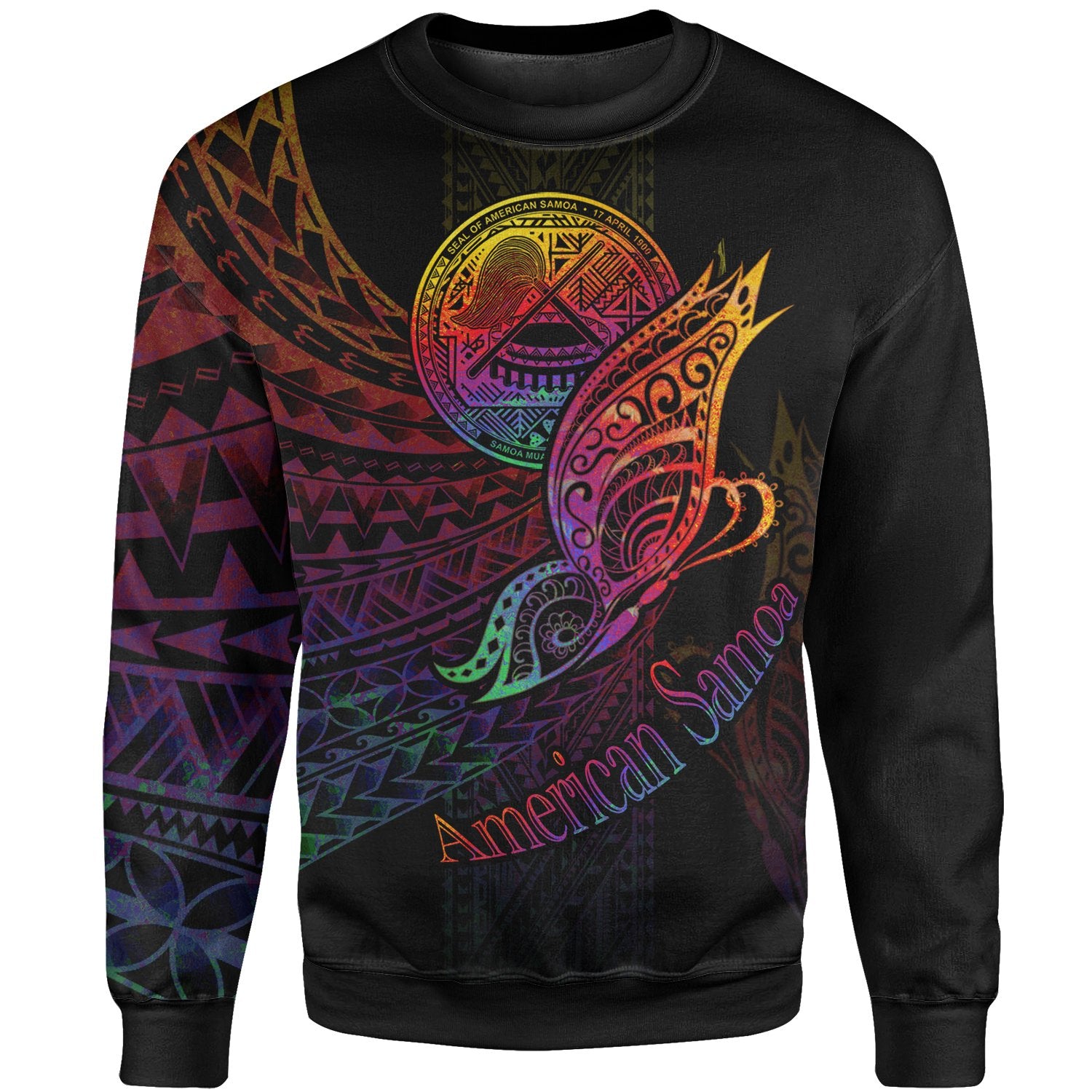 American Samoa Sweatshirt - Butterfly Polynesian Style Unisex Black - Polynesian Pride