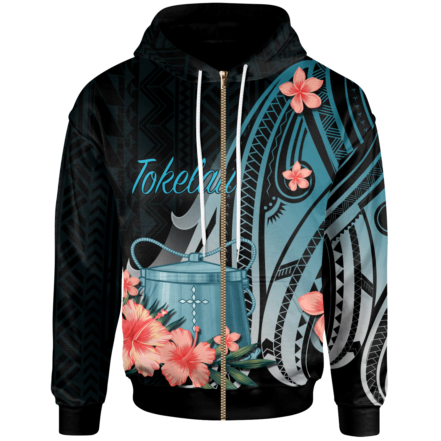 Tokelau Zip Hoodie Turquoise Polynesian Hibiscus Pattern Style Unisex Turquoise - Polynesian Pride