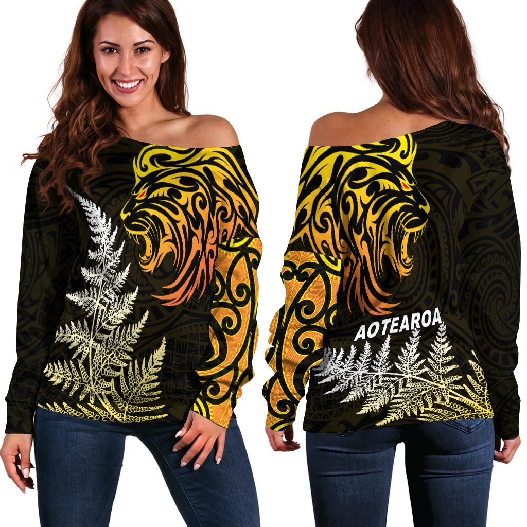 Lion Maori Off Shoulder Sweater Aotearoa mix Silver Fern LT13 Gold - Polynesian Pride