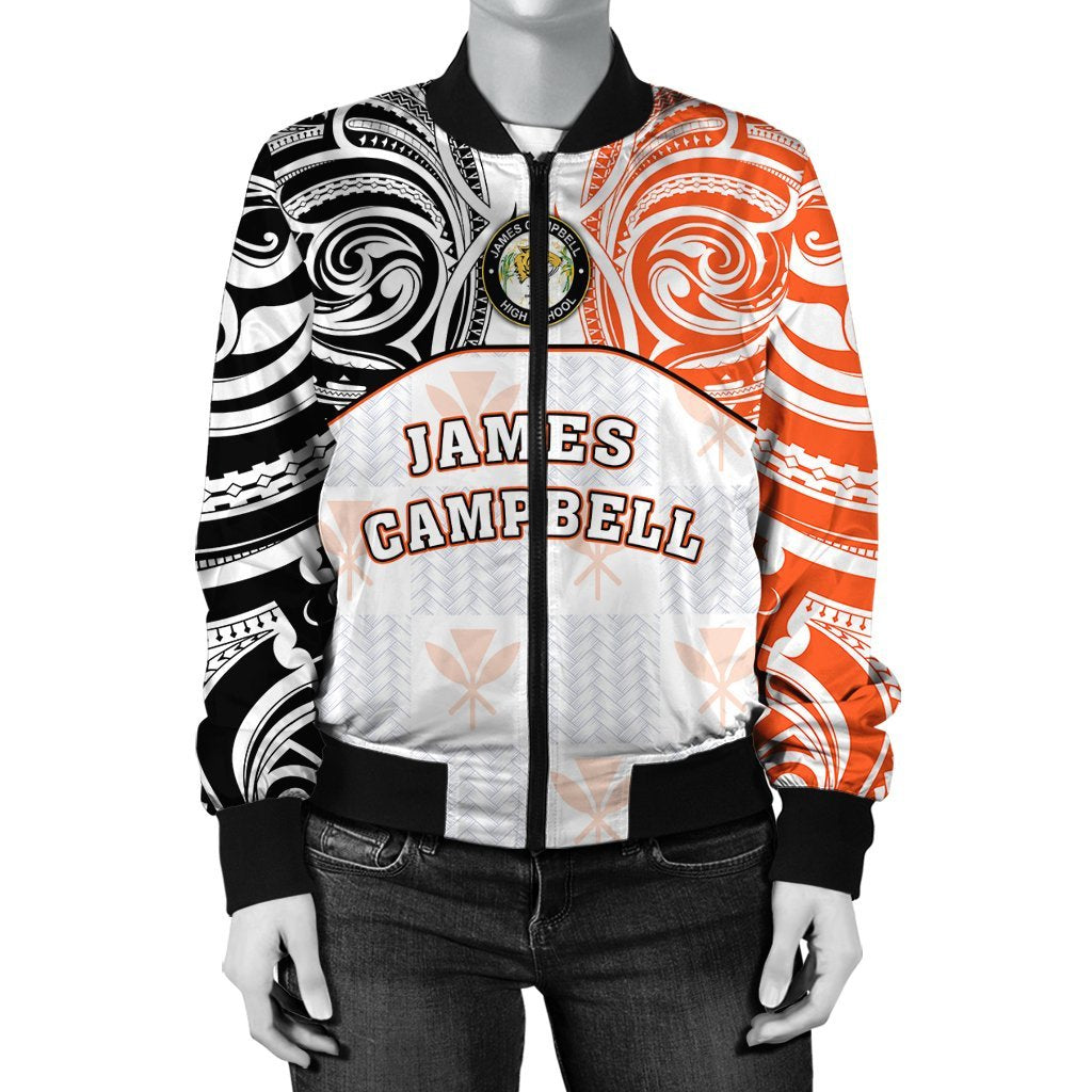 Hawaii Bomber Jacket - Kanaka James Campbell High School Women's Bomber Jacket Demodern Style AH White - Polynesian Pride