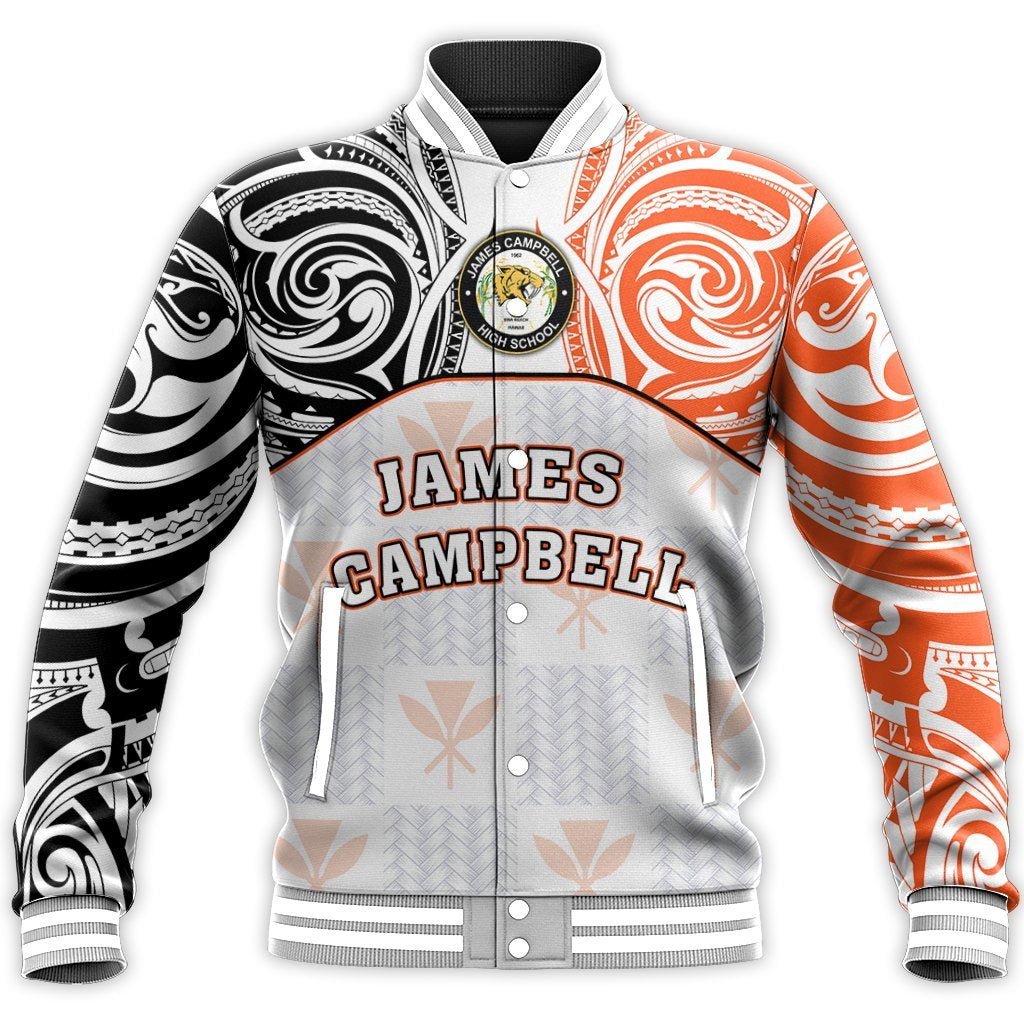 Hawaii Baseball Jacket - Kanaka James Campbell High School Baseball Jacket Demodern Style AH Unisex White - Polynesian Pride