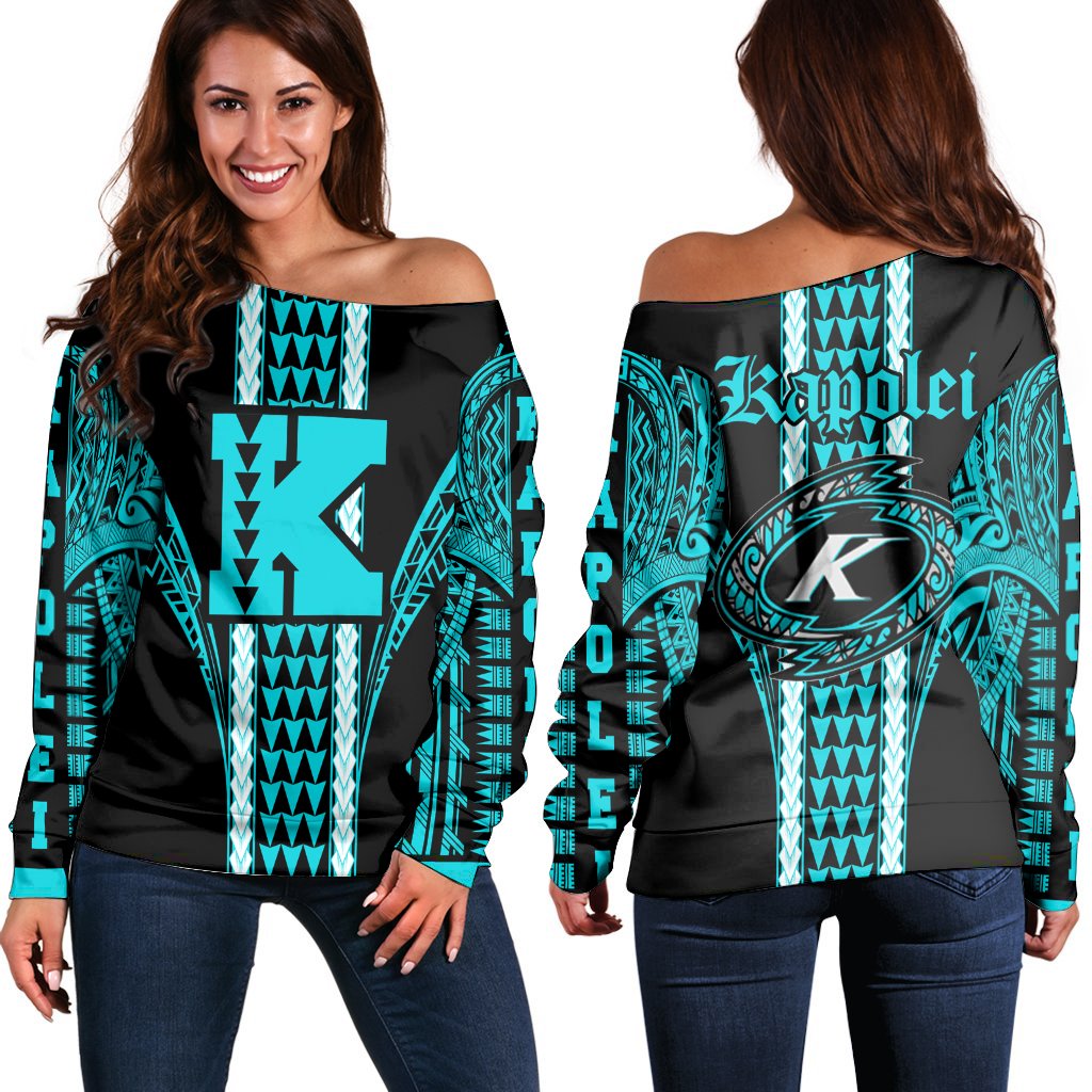 Hawaii - Kapolei High Football Jersey Women's Off Shoulder Sweater - AH Turquoise - Polynesian Pride