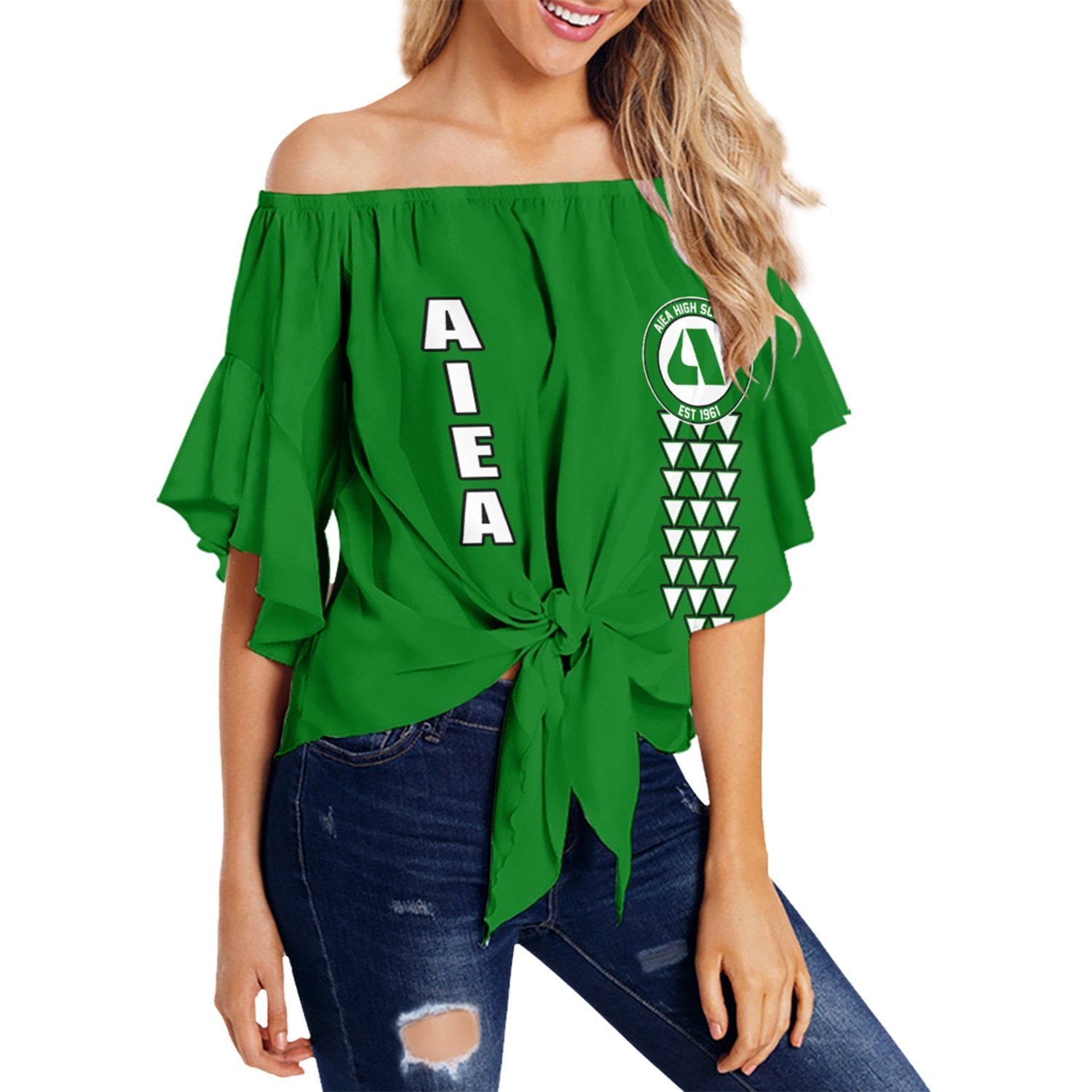 (Personalised) Hawaii - Aiea High Custom Your Class Off Shoulder Waist Wrap Top AH Female Green - Polynesian Pride