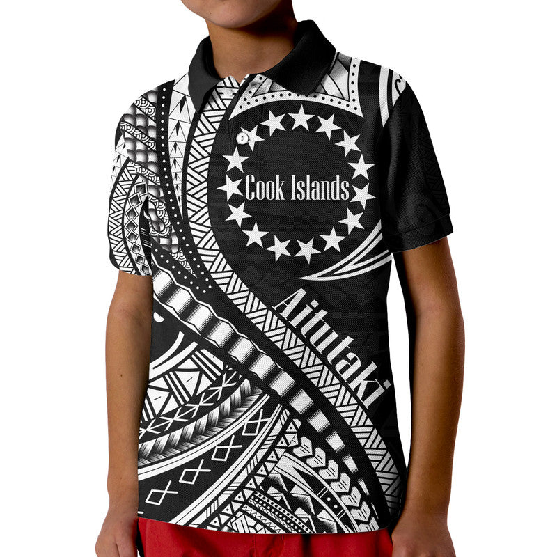 Aitutaki Cook Islands Polo Shirt Black Polynesian Wave Style LT9 Kid Black - Polynesian Pride