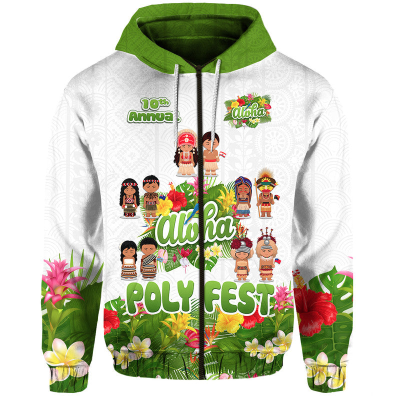 Custom Aloha Poly Fest 10th Annual Hoodie Tropical Palm Leaf Flower LT9 Zip Hoodie White - Polynesian Pride