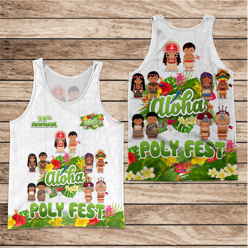 Aloha Poly Fest 10th Annual Men Tank Top Tropical Palm Leaf Flower LT9 White - Polynesian Pride