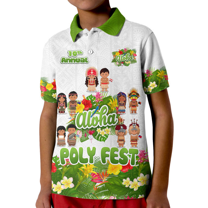 Custom Aloha Poly Fest 10th Annual Polo Shirt Tropical Palm Leaf Flower LT9 Kid White - Polynesian Pride
