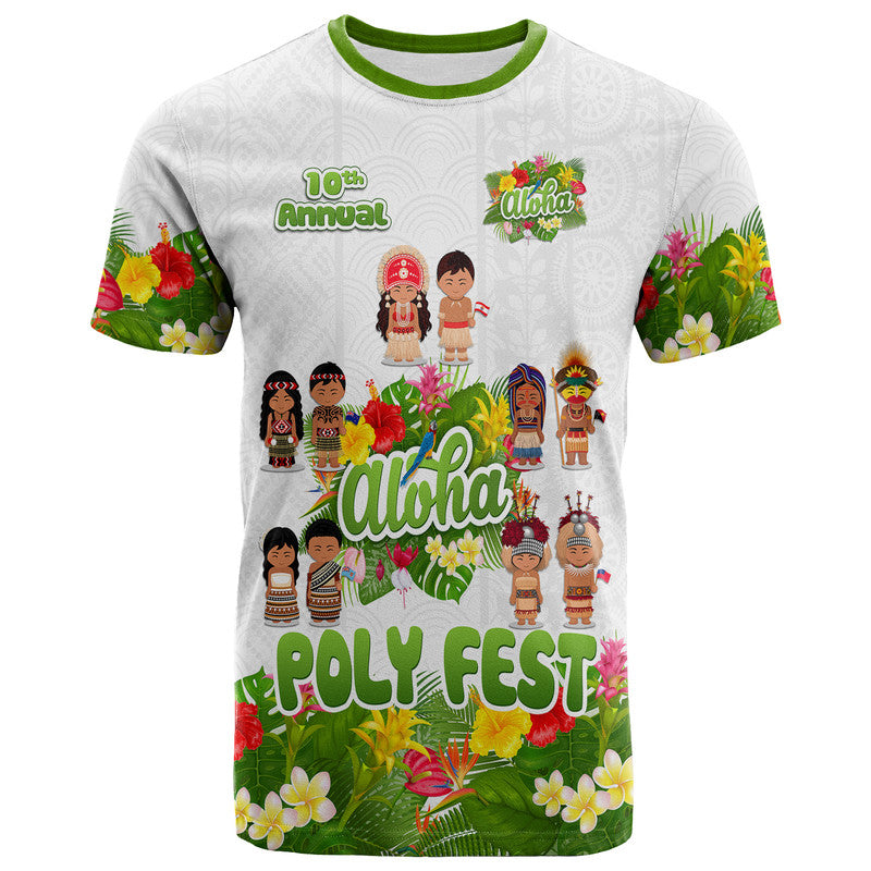 Custom Aloha Poly Fest 10th Annual T Shirt Tropical Palm Leaf Flower LT9 Adult White - Polynesian Pride