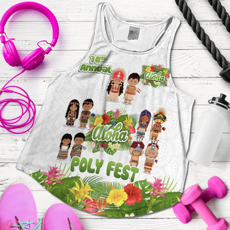 Aloha Poly Fest 10th Annual Women Racerback Tank Tropical Palm Leaf Flower LT9 White - Polynesian Pride