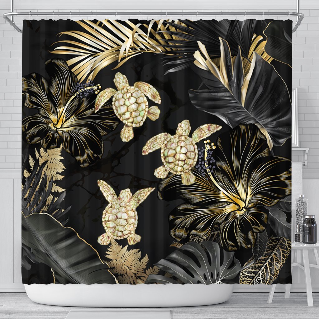 Hawaiian - Golden Tropical Turtle Shower Curtain AH 177 x 172 (cm) Black - Polynesian Pride