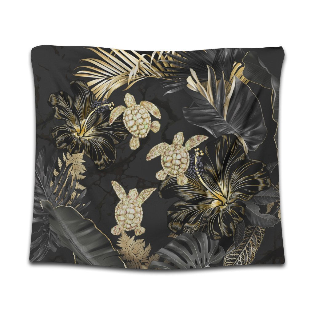 Hawaiian - Golden Tropical Turtle Tapestry AH Wall Tapestry Black - Polynesian Pride