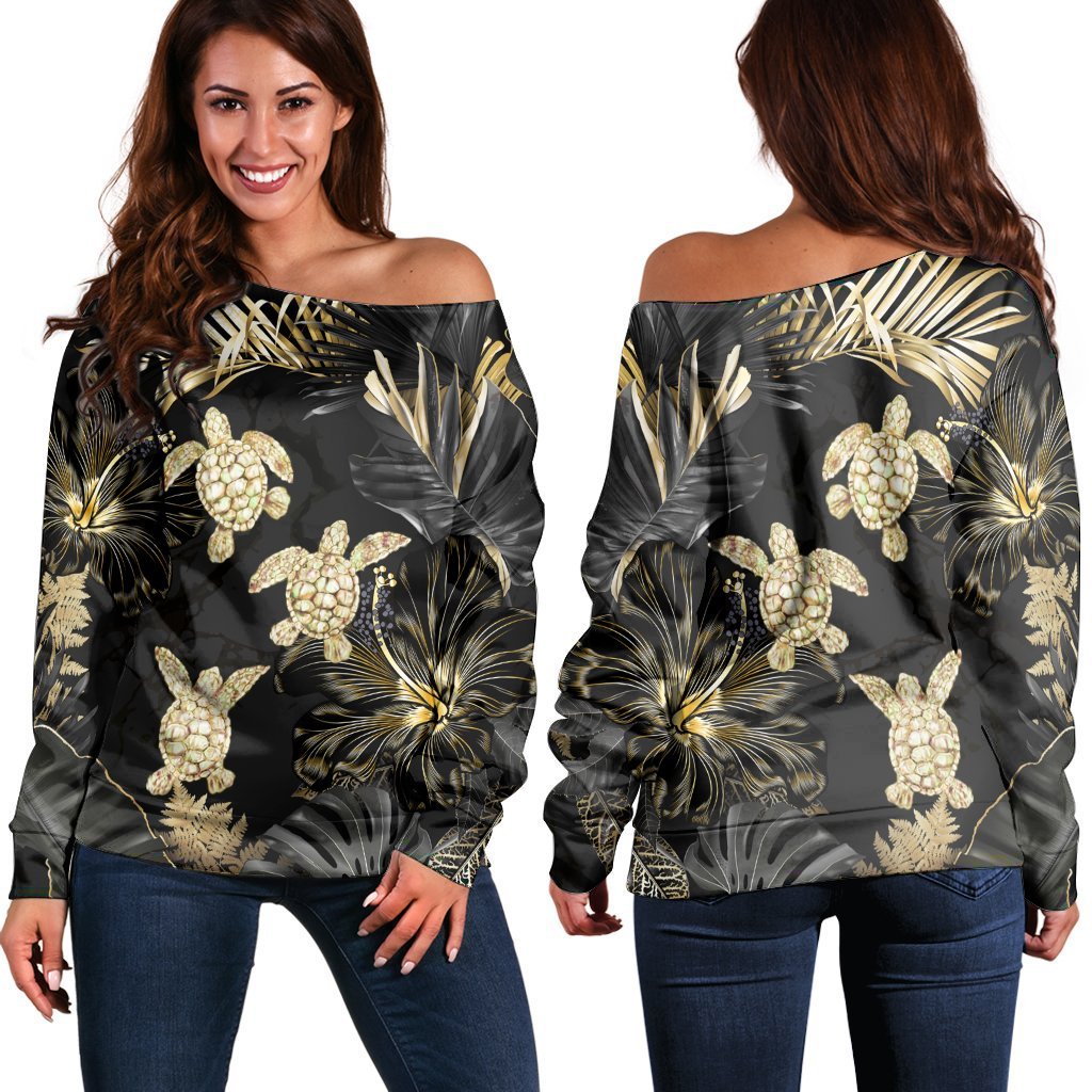 Hawaiian - Golden Tropical Turtle Women's Off Shoulder Sweater AH Black - Polynesian Pride