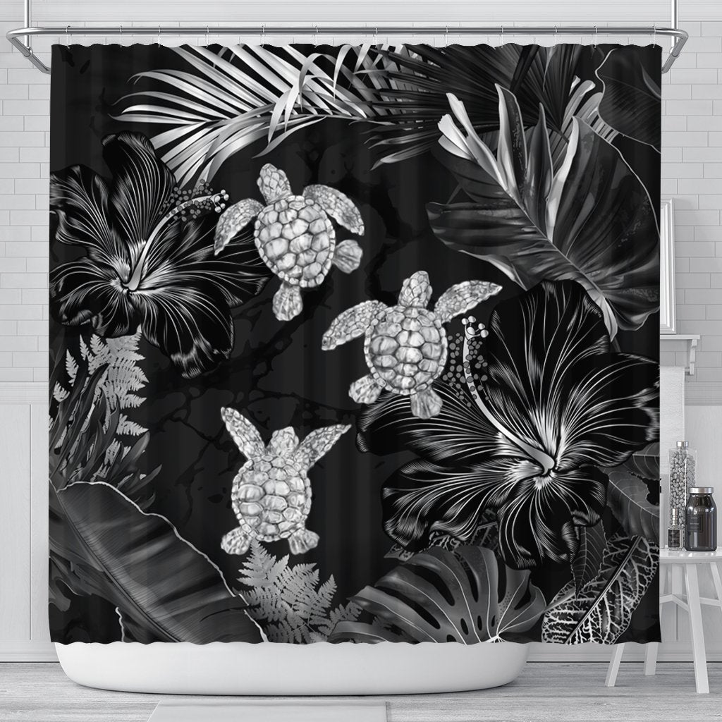 Hawaiian - Silver Tropical Turtle Shower Curtain AH 177 x 172 (cm) Black - Polynesian Pride