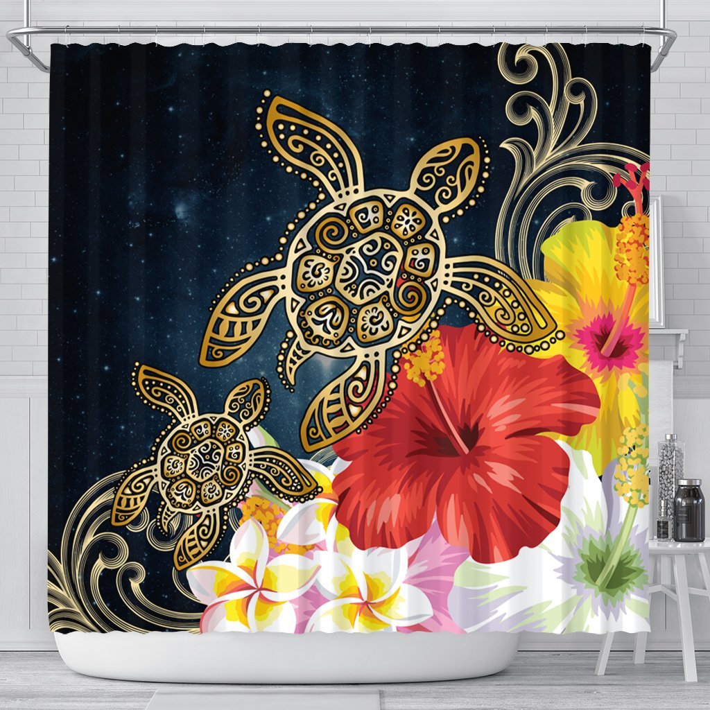 Hawaiian - Hawaii Honu Hibiscus Galaxy Shower Curtain - AH 177 x 172 (cm) Black - Polynesian Pride