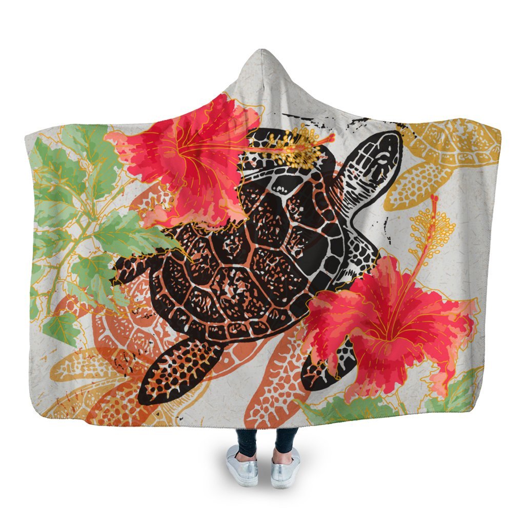 Hawaiian - Hawaii Turtle Art Hibiscus Hooded Blanket - AH Hooded Blanket White - Polynesian Pride