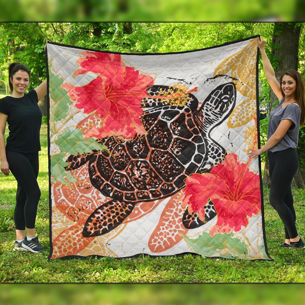 Hawaiian - Hawaii Turtle Art Hibiscus Premium Quilts - AH Black - Polynesian Pride