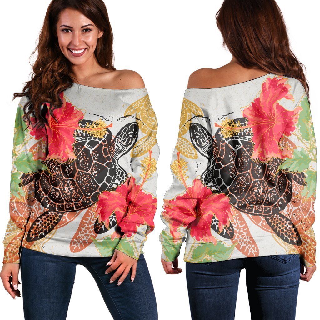 Hawaiian - Hawaii Turtle Art Hibiscus Women's Off Shoulder Sweater - AH Black - Polynesian Pride