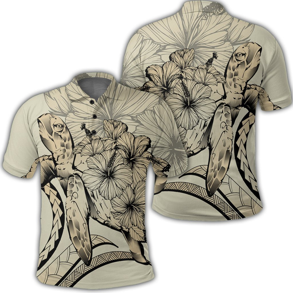 Hawaiian Hawaii Turtle Hibiscus Polynesian Vintage Polo Shirt Beige Unisex Black - Polynesian Pride