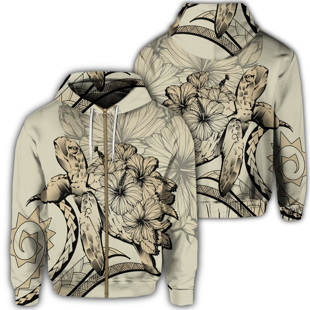 Hawaiian Hawaii Turtle Hibiscus Polynesian Vintage Zip Hoodie Beige Unisex Art - Polynesian Pride