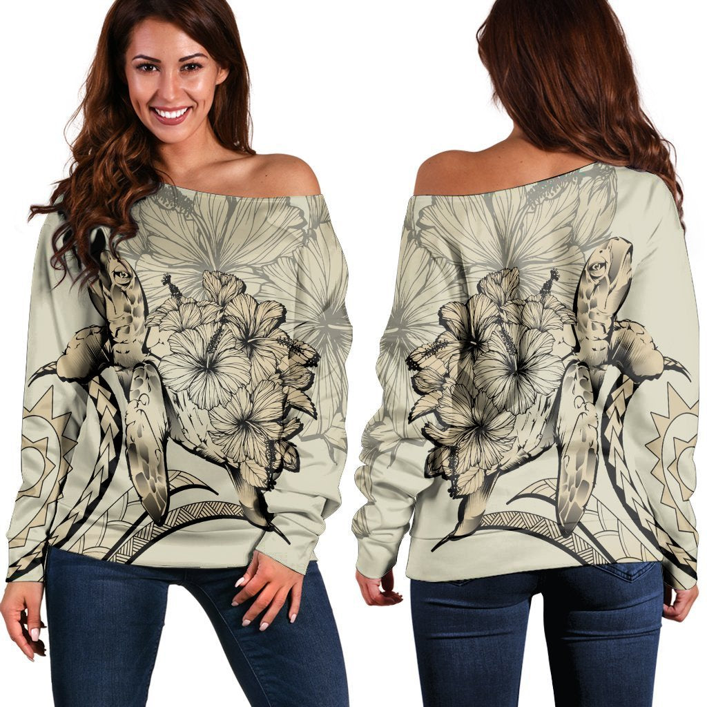 Hawaiian - Hawaii Turtle Hibiscus Polynesian Vintage Women's Off Shoulder Sweater - Beige - AH Black - Polynesian Pride