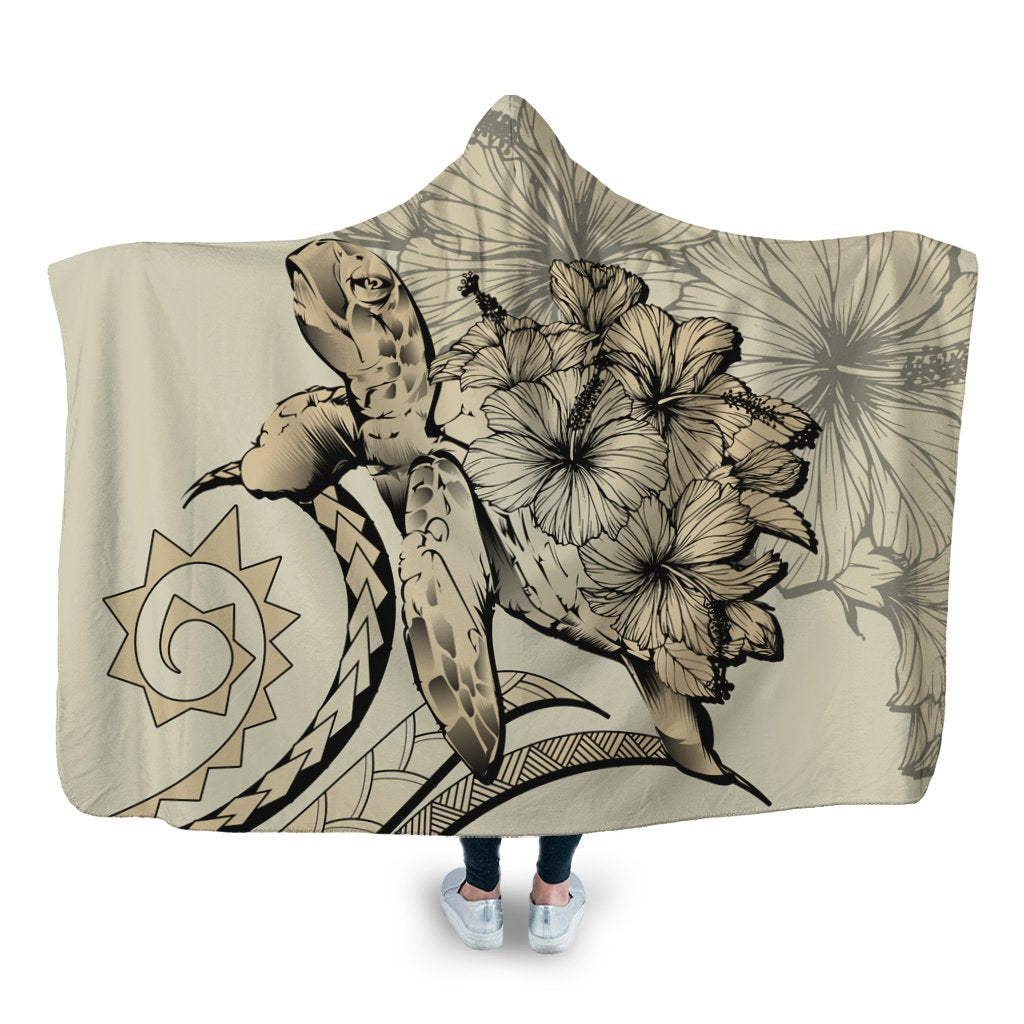 Hawaiian - Hawaii Turtle Hibiscus Polynesian Vintage Hooded Blanket - Beige - AH Hooded Blanket White - Polynesian Pride