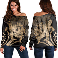 Hawaiian - Hawaii Turtle Hibiscus Polynesian Vintage Women's Off Shoulder Sweater - Gold - AH Black - Polynesian Pride