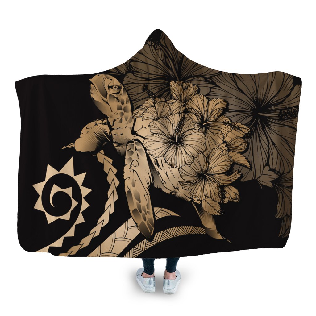 Hawaiian - Hawaii Turtle Hibiscus Polynesian Vintage Hooded Blanket - Gold - AH Hooded Blanket White - Polynesian Pride