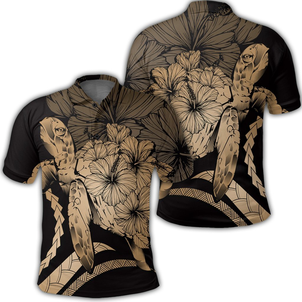 Hawaiian Hawaii Turtle Hibiscus Polynesian Vintage Polo Shirt Gold Unisex Black - Polynesian Pride
