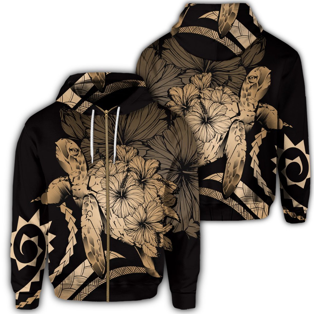Hawaiian Hawaii Turtle Hibiscus Polynesian Vintage Zip Hoodie Gold Unisex Art - Polynesian Pride
