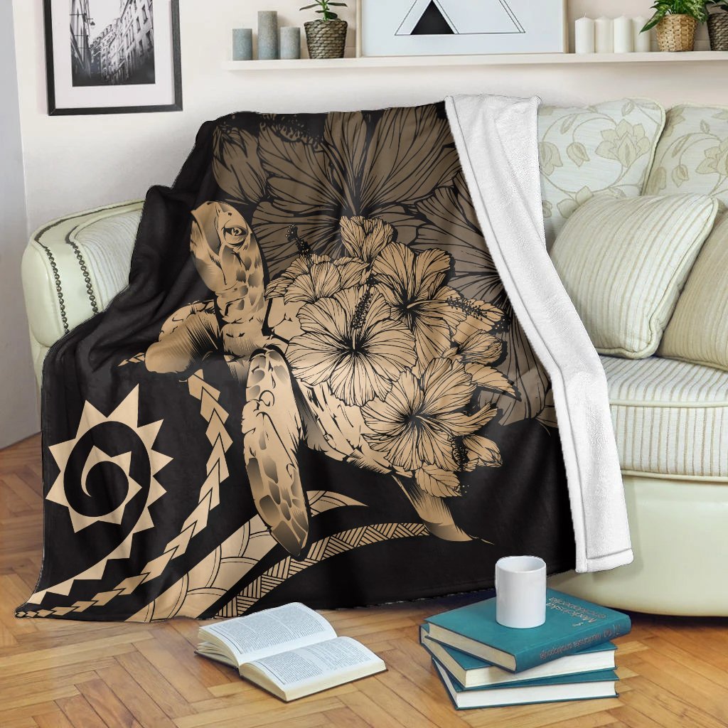 Hawaii Blanket - Hawaii Turtle Hibiscus Polynesian Vintage Premium Blankets - Gold - AH White - Polynesian Pride