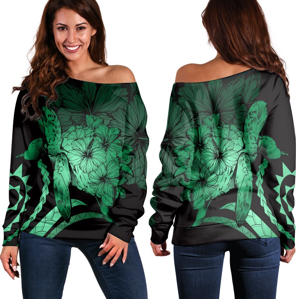 Hawaiian - Hawaii Turtle Hibiscus Polynesian Vintage Women's Off Shoulder Sweater - Green - AH Black - Polynesian Pride