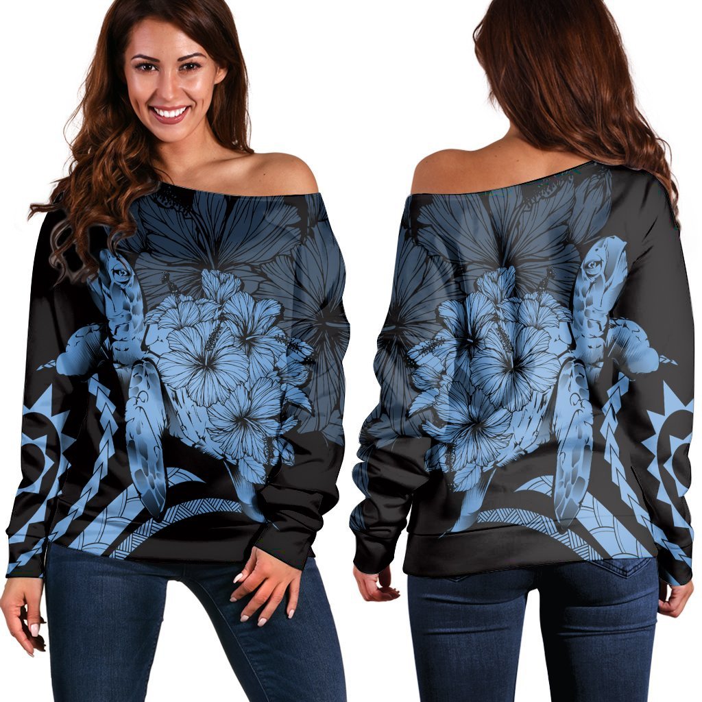 Hawaiian - Hawaii Turtle Hibiscus Polynesian Vintage Women's Off Shoulder Sweater - Pastel Blue - AH Black - Polynesian Pride