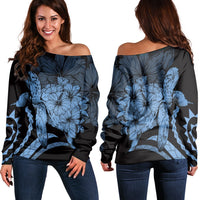 Hawaiian - Hawaii Turtle Hibiscus Polynesian Vintage Women's Off Shoulder Sweater - Pastel Blue - AH Black - Polynesian Pride