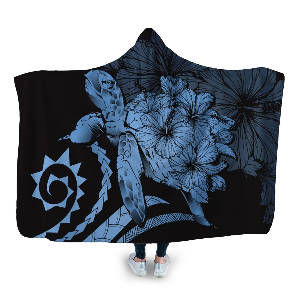 Hawaiian - Hawaii Turtle Hibiscus Polynesian Vintage Hooded Blanket - Pastel Blue - AH Hooded Blanket White - Polynesian Pride