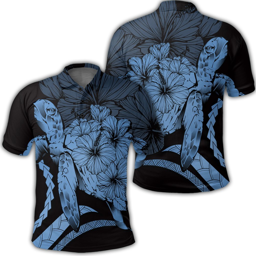 Hawaiian Hawaii Turtle Hibiscus Polynesian Vintage Polo Shirt Pastel Blue Unisex Black - Polynesian Pride