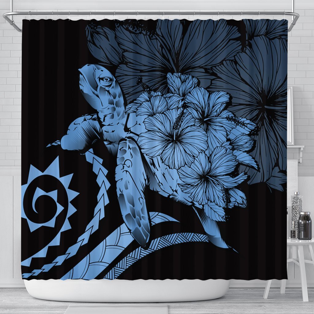 Hawaiian - Hawaii Turtle Hibiscus Polynesian Vintage Shower Curtain - Pastel Blue - AH 177 x 172 (cm) Black - Polynesian Pride