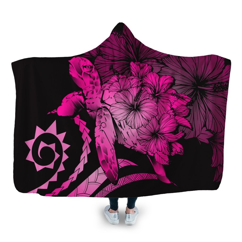 Hawaiian - Hawaii Turtle Hibiscus Polynesian Vintage Hooded Blanket - Pink - AH Hooded Blanket White - Polynesian Pride