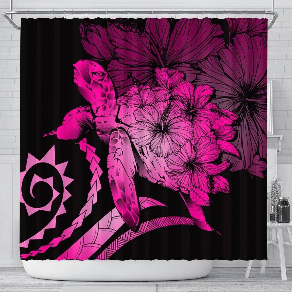 Hawaiian - Hawaii Turtle Hibiscus Polynesian Vintage Shower Curtain - Pink - AH 177 x 172 (cm) Black - Polynesian Pride