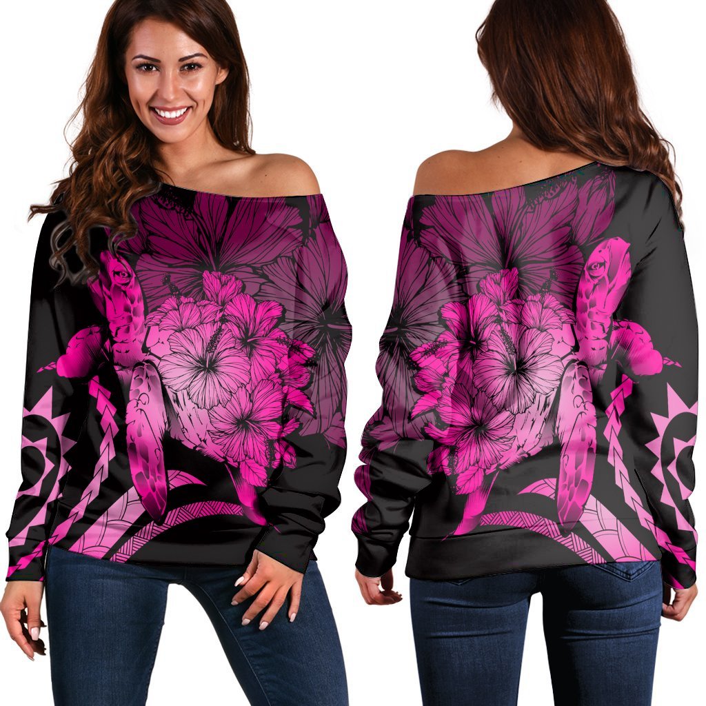 Hawaiian - Hawaii Turtle Hibiscus Polynesian Vintage Women's Off Shoulder Sweater - Pink - AH Black - Polynesian Pride