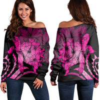 Hawaiian - Hawaii Turtle Hibiscus Polynesian Vintage Women's Off Shoulder Sweater - Pink - AH Black - Polynesian Pride