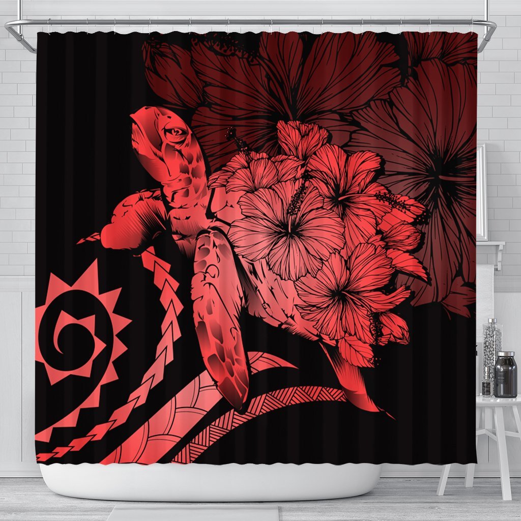 Hawaiian - Hawaii Turtle Hibiscus Polynesian Vintage Shower Curtain - Red - AH 177 x 172 (cm) Black - Polynesian Pride