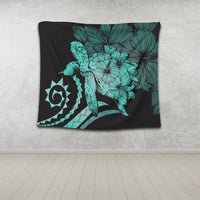 Hawaiian - Hawaii Turtle Hibiscus Polynesian Vintage Tapestry - Turquoise - AH - Polynesian Pride