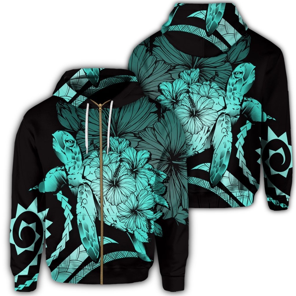Hawaiian Hawaii Turtle Hibiscus Polynesian Vintage Zip Hoodie Turquoise Unisex Art - Polynesian Pride