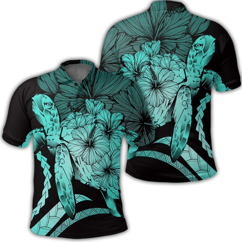 Hawaiian Hawaii Turtle Hibiscus Polynesian Vintage Polo Shirt Turquoise Unisex Black - Polynesian Pride