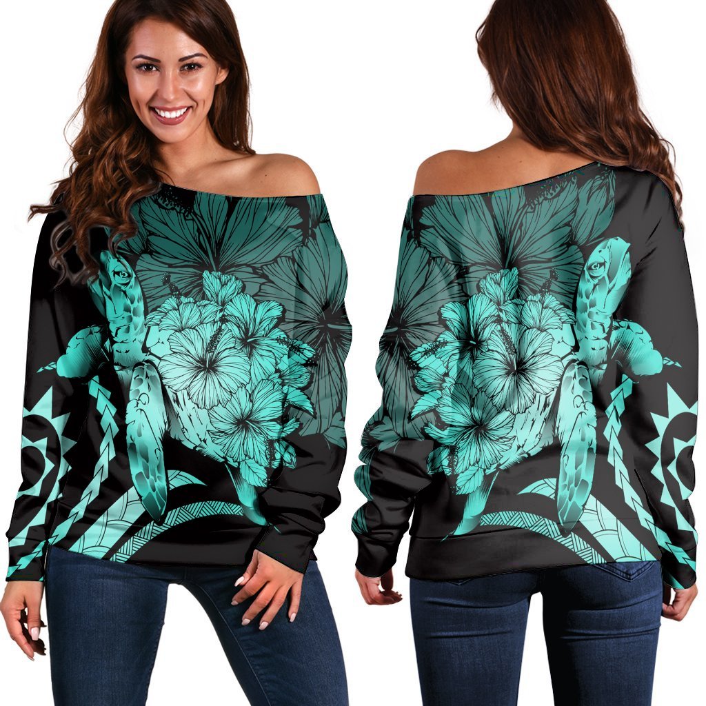 Hawaiian - Hawaii Turtle Hibiscus Polynesian Vintage Women's Off Shoulder Sweater - Turquoise - AH Black - Polynesian Pride
