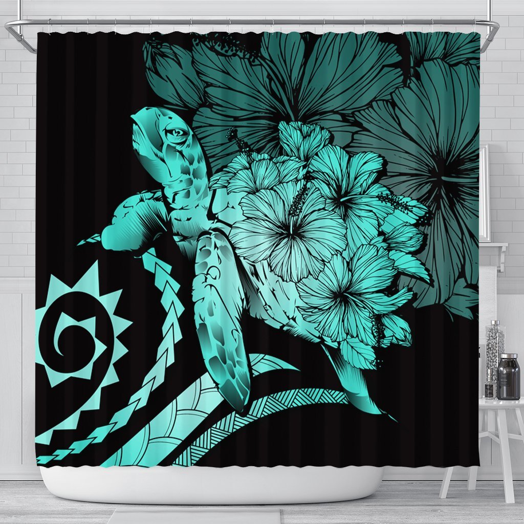 Hawaiian - Hawaii Turtle Hibiscus Polynesian Vintage Shower Curtain - Turquoise - AH 177 x 172 (cm) Black - Polynesian Pride