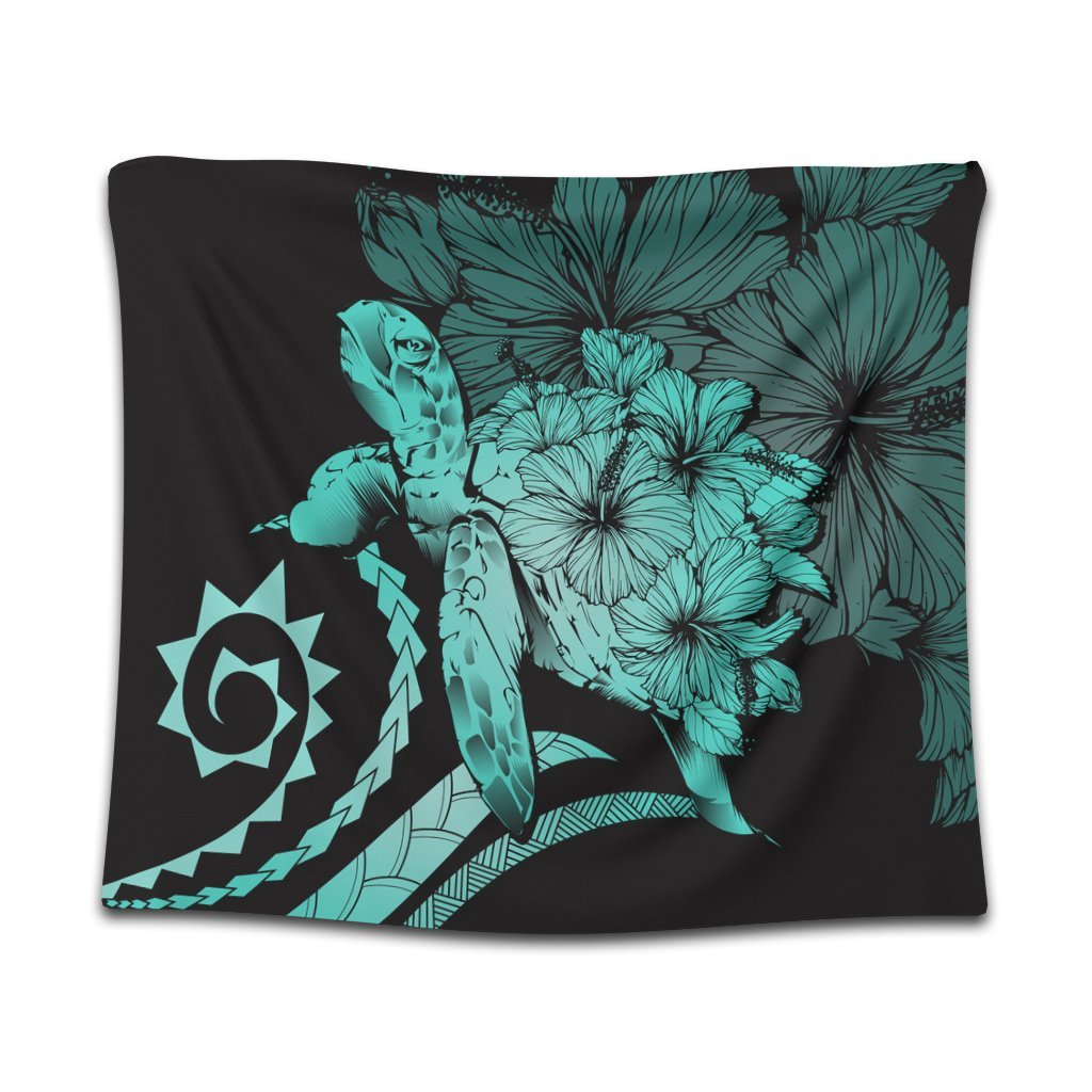 Hawaiian - Hawaii Turtle Hibiscus Polynesian Vintage Tapestry - Turquoise - AH Wall Tapestry Black - Polynesian Pride